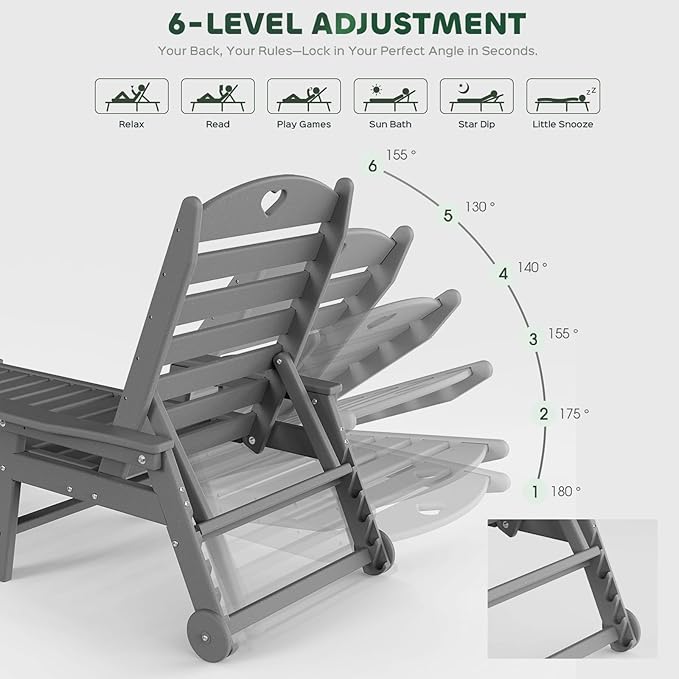 Aokia Pool Lounge Chairs,Chaise Lounge Chair Outdoor with Wheels & Cupholder | Oversize HDPE 6-Position Outdoor Chairs for Patio, Lawn, Garden, Poolside (Grey)