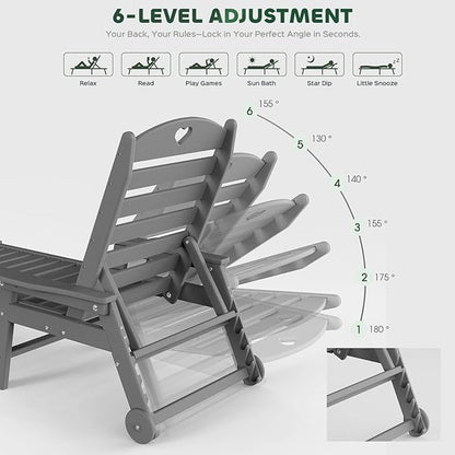Aokia Pool Lounge Chairs,Chaise Lounge Chair Outdoor with Wheels & Cupholder | Oversize HDPE 6-Position Outdoor Chairs for Patio, Lawn, Garden, Poolside (Grey)