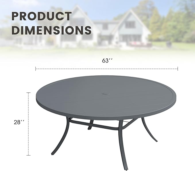 Outdoor Dining Table for 8, 63" Round Outdoor Table with Adjustable Umbrella Hole, All-Weather Metal Patio Dining Table for Lawn Garden Backyard Deck, Dark Grey