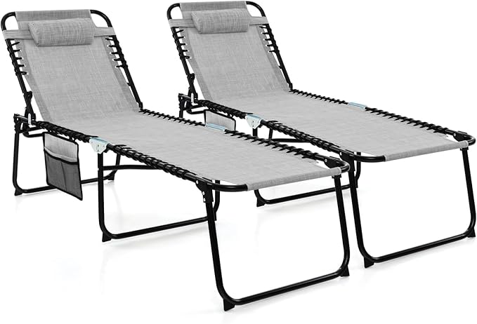 Giantex Patio Lounge Chairs for Outside - Set of 2 Folding Tanning Chair w/Headrest, 4 Adjustable Positions, Side Pocket, Outdoor Chaise Lounge for Camping, Pool, Sunbathing Beach Chair, Grey