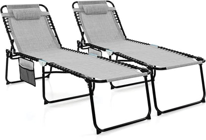 Giantex Patio Lounge Chairs for Outside - Set of 2 Folding Tanning Chair w/Headrest, 4 Adjustable Positions, Side Pocket, Outdoor Chaise Lounge for Camping, Pool, Sunbathing Beach Chair, Grey