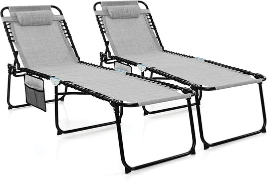 Giantex Patio Lounge Chairs for Outside - Set of 2 Folding Tanning Chair w/Headrest, 4 Adjustable Positions, Side Pocket, Outdoor Chaise Lounge for Camping, Pool, Sunbathing Beach Chair, Grey