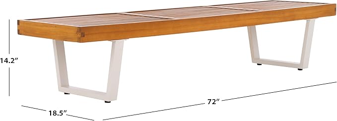 SAFAVIEH Outdoor Patio Furniture Collection – Heather Natural Brown Solid Wood Patio Bench with White Steel Legs, 72-Inch Modern Outdoor Seating for Garden, Porch or Patio (PAT7327A)