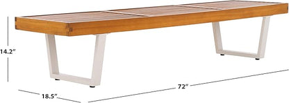 SAFAVIEH Outdoor Patio Furniture Collection – Heather Natural Brown Solid Wood Patio Bench with White Steel Legs, 72-Inch Modern Outdoor Seating for Garden, Porch or Patio (PAT7327A)