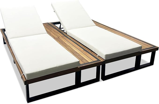 Outdoor Chaise Lounge Chair Set of 2, 5-Position Adjustable Lounge Chair Set with Side Table, Beige