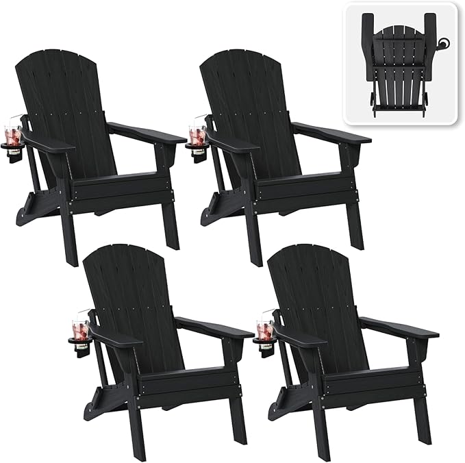 Folding Adirondack Chair Set of 4 with Cup Holder, HDPE All Weather Resistant Plastic Outdoor Patio Chairs, Heavy Duty Fire Pit Seating for Backyard Lawn Garden, Wooden Textured Design(Black)