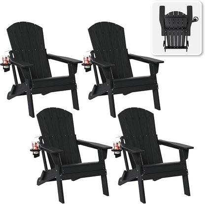 Folding Adirondack Chair Set of 4 with Cup Holder, HDPE All Weather Resistant Plastic Outdoor Patio Chairs, Heavy Duty Fire Pit Seating for Backyard Lawn Garden, Wooden Textured Design(Black)