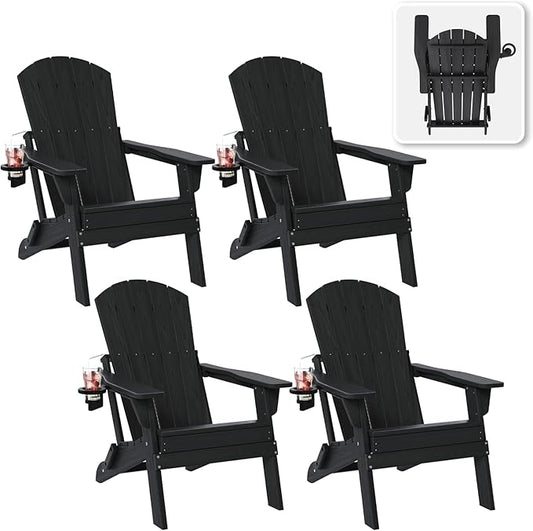 Folding Adirondack Chair Set of 4 with Cup Holder, HDPE All Weather Resistant Plastic Outdoor Patio Chairs, Heavy Duty Fire Pit Seating for Backyard Lawn Garden, Wooden Textured Design(Black)