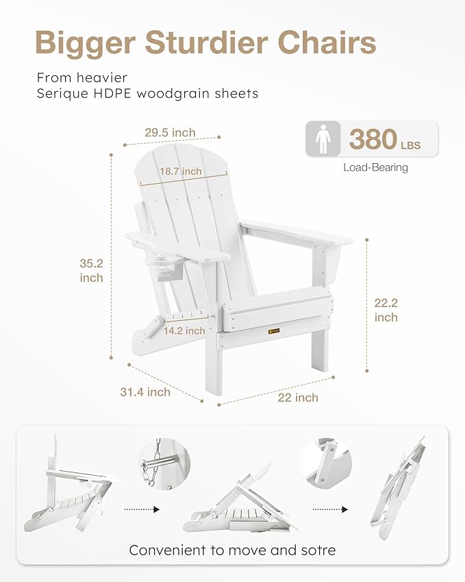 Folding Adirondack Chair, Patio Chair Wood Texture, Outdoor Chair Weather Resistant, Fire Pit Chair with Cup Holder, Composite Adirondack Chair Set of 2(White)
