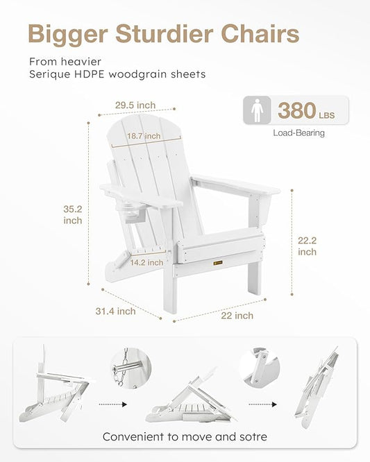 Folding Adirondack Chair, Patio Chair Wood Texture, Outdoor Chair Weather Resistant, Fire Pit Chair with Cup Holder, Composite Adirondack Chair Set of 2(White)