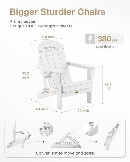 Folding Adirondack Chair, Patio Chair Wood Texture, Outdoor Chair Weather Resistant, Fire Pit Chair with Cup Holder, Composite Adirondack Chair Set of 4(White)