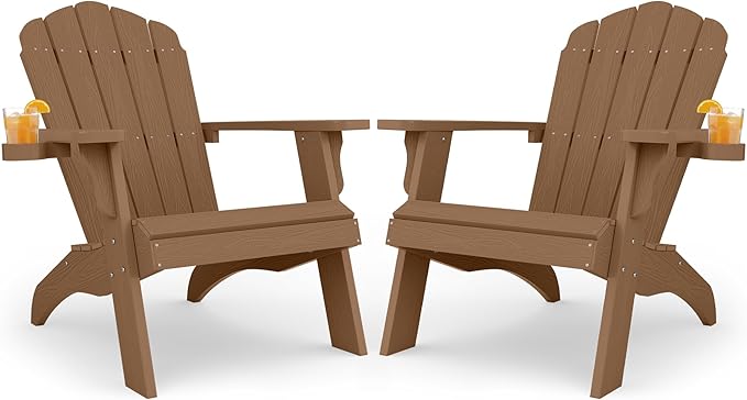 YEFU Oversized Plastic Adirondack Chair Set of 2 with Cup-Holder (Large Dual-Purpose), Weather Resistant, Poly Lumber Outdoor Chairs Duty Rating Widely Used in Patio, Lawn, Outside, Garden Chair-Teak