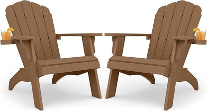 YEFU Oversized Plastic Adirondack Chair Set of 2 with Cup-Holder (Large Dual-Purpose), Weather Resistant, Poly Lumber Outdoor Chairs Duty Rating Widely Used in Patio, Lawn, Outside, Garden Chair-Teak