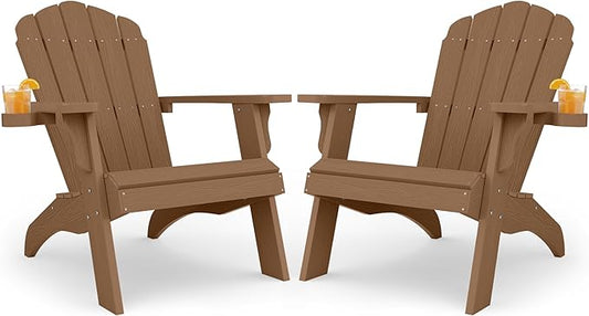 YEFU Oversized Plastic Adirondack Chair Set of 2 with Cup-Holder (Large Dual-Purpose), Weather Resistant, Poly Lumber Outdoor Chairs Duty Rating Widely Used in Patio, Lawn, Outside, Garden Chair-Teak
