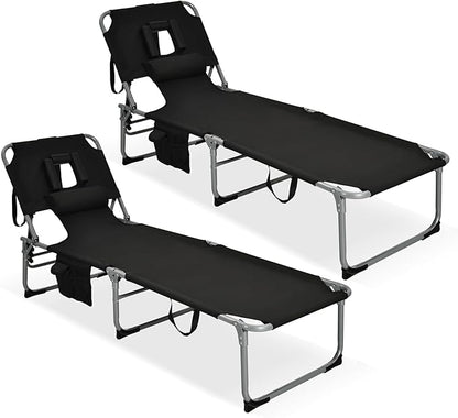 GYMAX Tanning Chair, Folding Lounger with Face/Arm Holes, Carry Handles & Side Pocket, Portable Lightweight Layout Beach Chair for Outdoor/Indoor, Face Down Sun Lounger (2, Black)