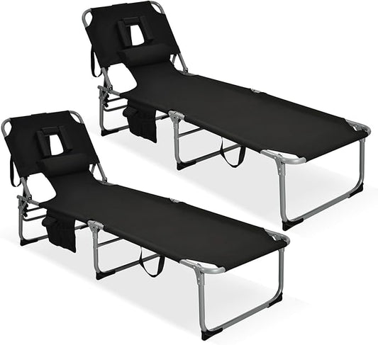 GYMAX Tanning Chair, Folding Lounger with Face/Arm Holes, Carry Handles & Side Pocket, Portable Lightweight Layout Beach Chair for Outdoor/Indoor, Face Down Sun Lounger (2, Black)