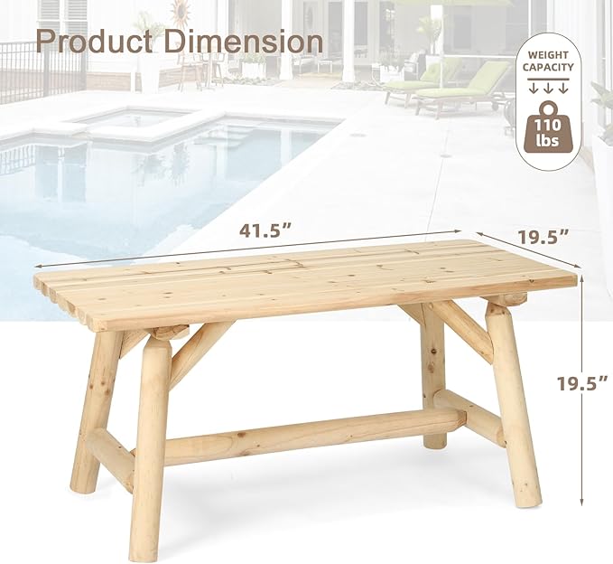 Outdoor Coffee Table, Thick Wooden Patio Adirondack Log Coffee Table with Slatted Tabletop, Solid Wood Rustic Rectangle Center Table for Deck, Garden, Balcony, Indoor or Outdoor Use, Natural