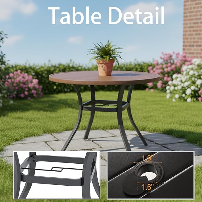 Round Outdoor Dining Table, 41-inch All-Weather Patio Table with Adjustable Umbrella Hole for Deck Lawn Garden Backyard Balcony Deck, Metal Frame Slatted Tabletop