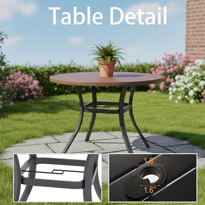 Round Outdoor Dining Table, 41-inch All-Weather Patio Table with Adjustable Umbrella Hole for Deck Lawn Garden Backyard Balcony Deck, Metal Frame Slatted Tabletop