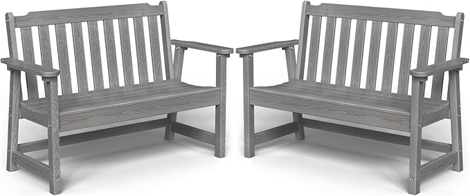 Outdoor Bench, 2-Person HDPE Garden Bench, All Weather Poly Patio Bench for Outdoors, Garden, Backyard, Porch and Park, 660 lbs Weight Capacity, Grey, 2 Pack