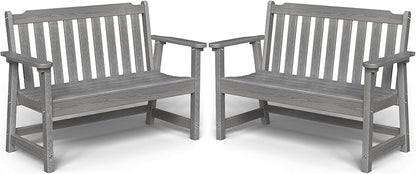 Outdoor Bench, 2-Person HDPE Garden Bench, All Weather Poly Patio Bench for Outdoors, Garden, Backyard, Porch and Park, 660 lbs Weight Capacity, Grey, 2 Pack