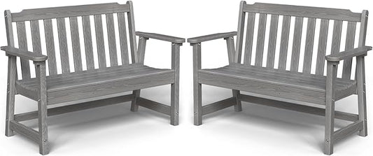 Outdoor Bench, 2-Person HDPE Garden Bench, All Weather Poly Patio Bench for Outdoors, Garden, Backyard, Porch and Park, 660 lbs Weight Capacity, Grey, 2 Pack