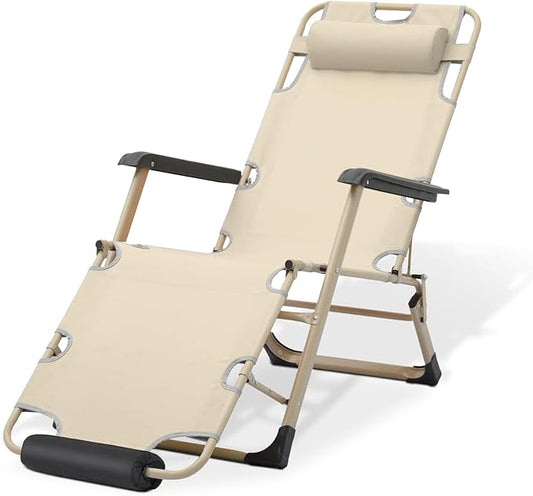 Magshion Folding Reclining 3-Position Patio Chair Outdoor Lounge Chair with Footrest Folding Portable Outside Recliner Chair for Poolside Backyard Beach, 330 lbs (Cream)