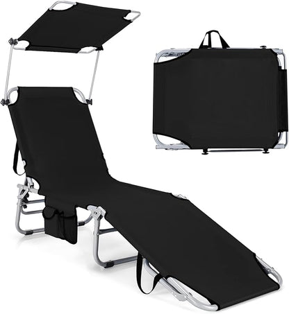 GYMAX Modern Black Outdoor Lounge Chair with Canopy, 5 Level Adjustable Layout Chaise Lounge for Outside, Folding Sunbath Chair for Outdoor, Patio, Poolside