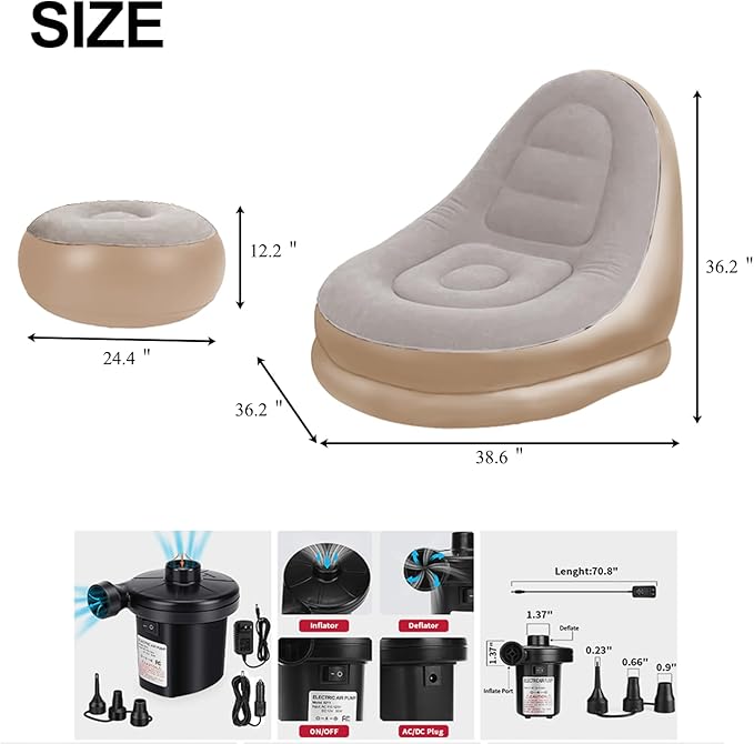 Inflatable Deck Chairs with Air Pump, Inflatable Patio Lounge Chairs for Indoor Living Room Bedroom, Outdoor Travel Camping Picnic Beach Chaise Lounges (Gray)
