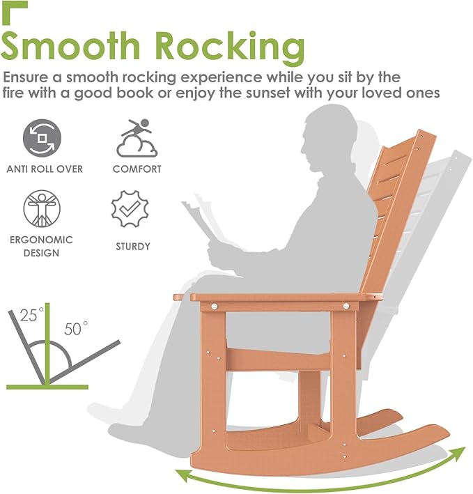 GREENVINES Outdoor Rocking Chair Set | 3-Piece | 2 Rocking Chairs with 1 Side Table | Porch Rocker | HDPE Plastic | Teak | Patio Furniture Sets | High Back | Big & Tall | Ladder Back