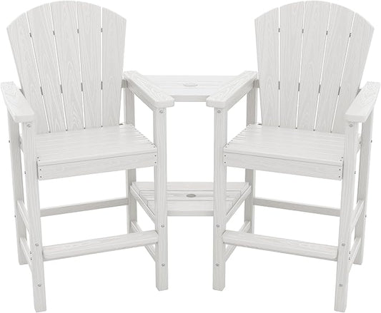 SERWALL Tall Adirondack Chairs Set of 2 with Double Layer Connecting Tray, HDPE Bar Height Outdoor Chairs, Wood-Like Adirondack Bar Stools for Patio, Balcony, Porch, White