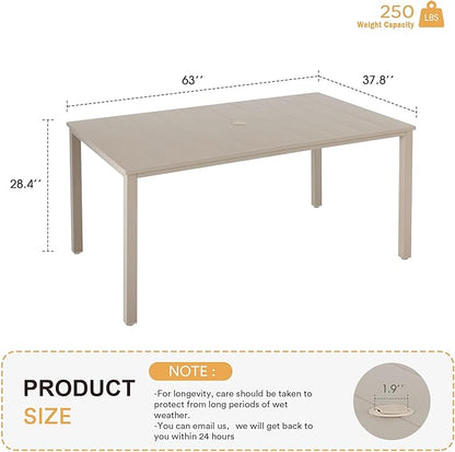 VICLLAX 63" Rectangle Outdoor Dining Table for 6, Patio Table with Umbrella Hole, All Weather Metal Patio Tables, Sandshell Tabletop