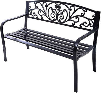 ReunionG 50" Patio Garden Bench Loveseats Park Yard Furniture Vintage Floral Garden Cast Iron Patio Porch Chair (Black Steel W/Floral Scroll Pattern)