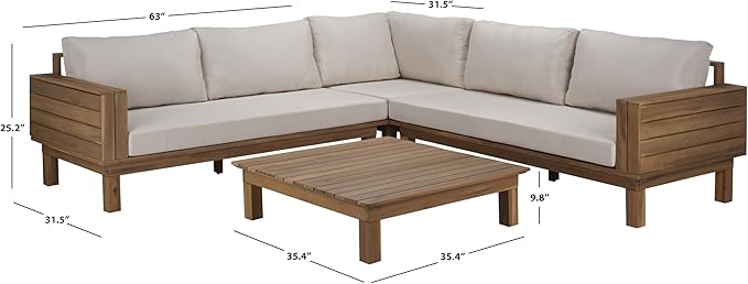 SAFAVIEH Outdoor Patio Furniture Collection - Napoli Oak Brown & Cream Solid Wood 4-Piece Sectional Sofa Set with Coffee Table, Durable Cushions, Modern Outdoor Seating (PAT6806B)