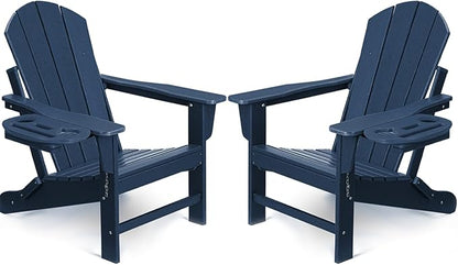 FOOWIN Folding Adirondack Chair Set of 2, HDPE Adirondack Chairs with Cup Holder, Weather Resistant Plastic Fire Pit Chairs for Outdoor, Patio, Lawn, Garden, Backyard, Deck, Dark Blue