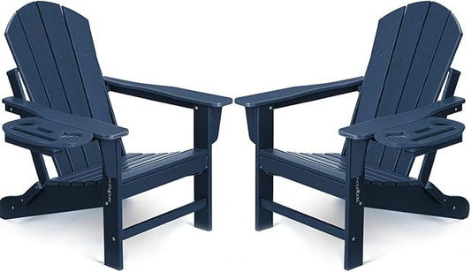 FOOWIN Folding Adirondack Chair Set of 2, HDPE Adirondack Chairs with Cup Holder, Weather Resistant Plastic Fire Pit Chairs for Outdoor, Patio, Lawn, Garden, Backyard, Deck, Dark Blue