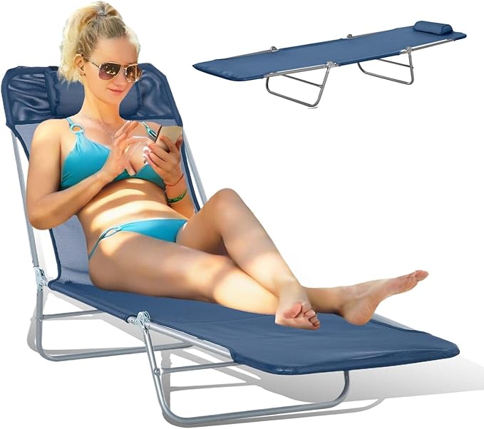 Folding Chaise Lounge Pool Chair, Patio Sun Tanning Chair, Outdoor Lounge Chair with 6-Position Reclining Back, Breathable Mesh Seat, and Headrest for Beach, Yard, Patio(Blue1)