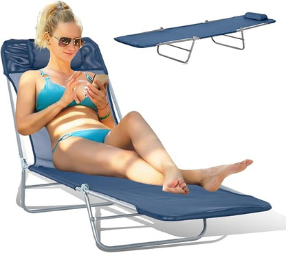 Folding Chaise Lounge Pool Chair, Patio Sun Tanning Chair, Outdoor Lounge Chair with 6-Position Reclining Back, Breathable Mesh Seat, and Headrest for Beach, Yard, Patio(Blue1)