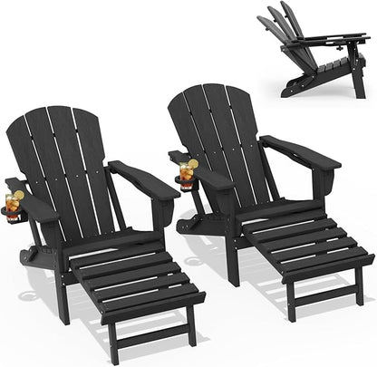 LOUNZY Folding Adjustable Adirondack Chair with Footrest Set of 4,HDPE Recliner Adirondack Chair with Cup Holder for Deck Lawn Fire Pit,Black