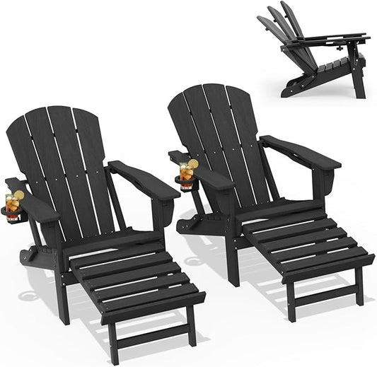 LOUNZY Folding Adjustable Adirondack Chair with Footrest Set of 4,HDPE Recliner Adirondack Chair with Cup Holder for Deck Lawn Fire Pit,Black