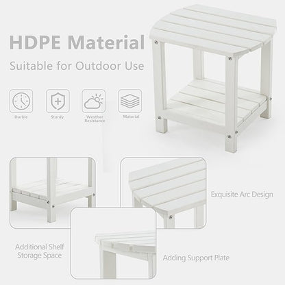 4 Chairs & 2 Tables Folding Adirondack Chair Set with Table – HDPE Weatherproof Outdoor Patio Chairs with Reclining Back and Cup Holders, 2-Tier Storage End Tables for Firepit Garden(White)