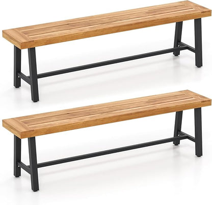 HAPPYGRILL Outdoor Acacia Wood Bench Set of 2, 63"/160 CM Long Patio Garden Dining Bench Seats up to 3 Persons, Porch Bench for Outdoors Garden, Porch, Yard, 800 LBS/360 KG Weight Capacity