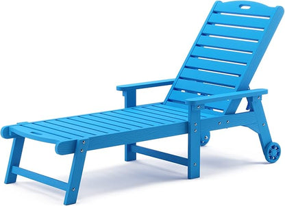 LUE BONA Lounge Chair Outdoor, HDPS Chaise Lounge Outdoor with Wheels, 5 Positions Adjustable Pool Lounger Chairs for Outside, Patio, Deck, Blue