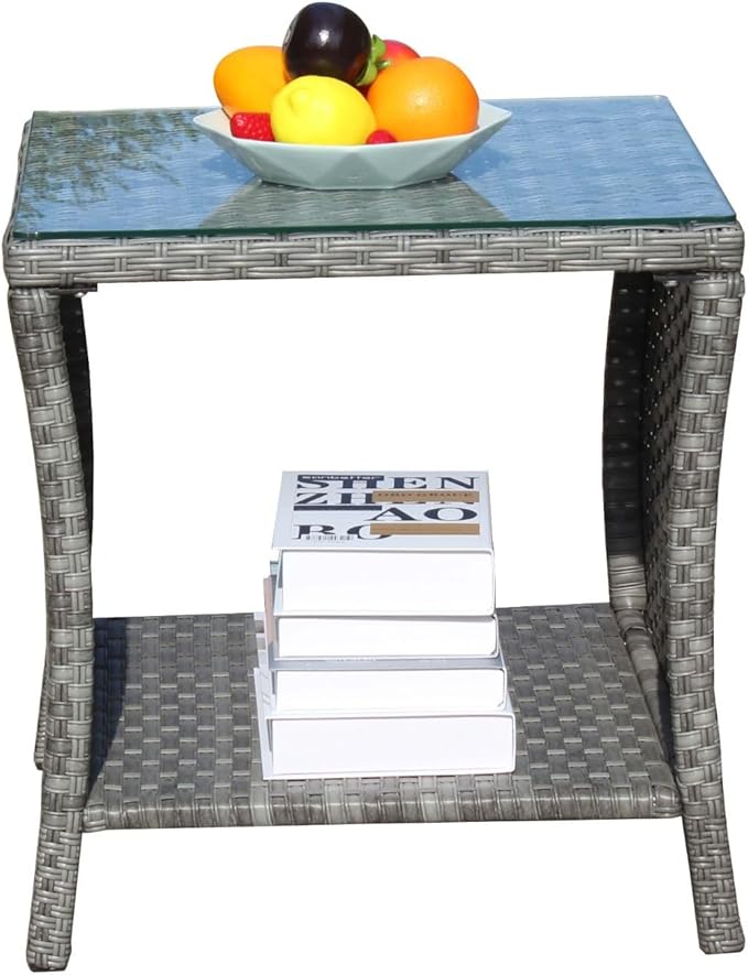 Rattan Side Table with Glass Top, Outdoor Wicker End Table for Patio, Porch, Garden, 19.25" Square, 21" Tall, 120 Lbs Capacity, Weather-Resistant PE Rattan, Easy Assembly