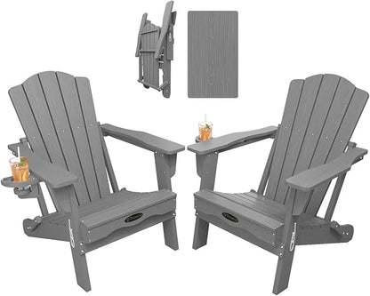 Folding Adirondack Chair Set of 2,HDPE All-Weather Outdoor Chair with Cup Holder,Wooden Textured,Fire Pit Chair,Plastic Patio Chair for Deck,Backyard,Garden,Lawn(Grey)