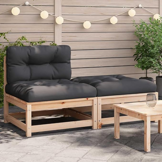 Rustic Garden Armless Sofa Solid Pine Wood Outdoor Seating with Weather-Resistant Cushions for Patio Balcony Backyard Comfortable Two-Person Bench