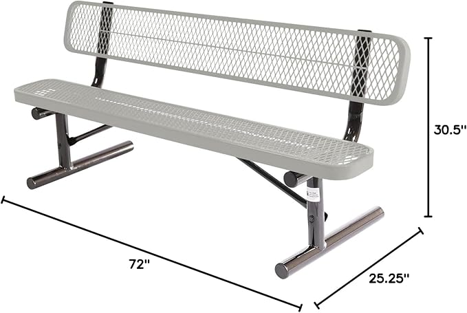 COATEDOUTDOORFURNITURE Heavy-Duty Portable Outdoor Bench Thermoplastic Coated, Expanded Metal, Commercial-Grade Seating, Made in America (Portable with Back, 6 Ft, Textured Grey)