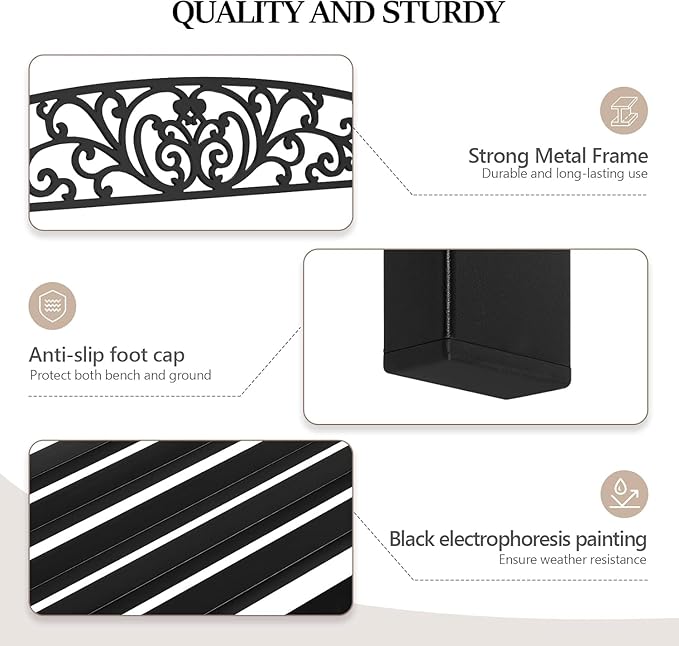 VINGLI Outdoor Bench, Metal Frame Garden Bench with PVC Floral Back Pattern and Slatted Seat, Black Patio Benches for Front Proch Entryway Park
