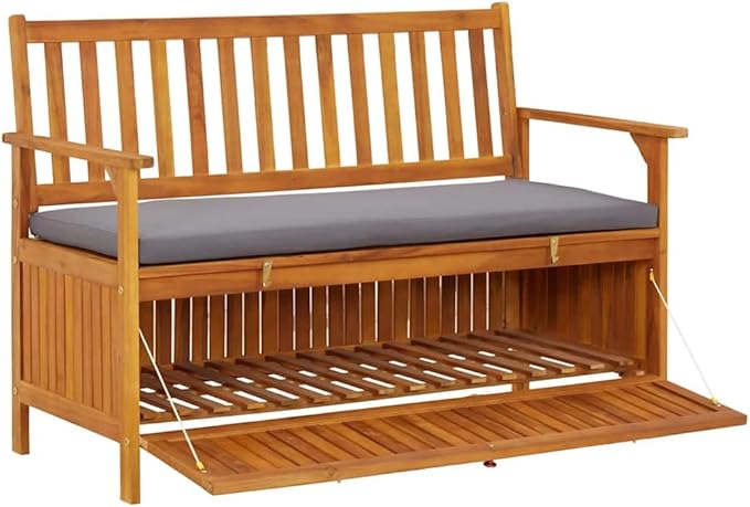 Rustic Solid Acacia Wood Storage Bench with Dark Grey Seat Cushion and Natural Wood Finish for Indoor Outdoor Use, Durable Seating Furniture with Generous Internal Space,