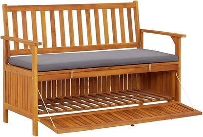 Rustic Solid Acacia Wood Storage Bench with Dark Grey Seat Cushion and Natural Wood Finish for Indoor Outdoor Use, Durable Seating Furniture with Generous Internal Space,